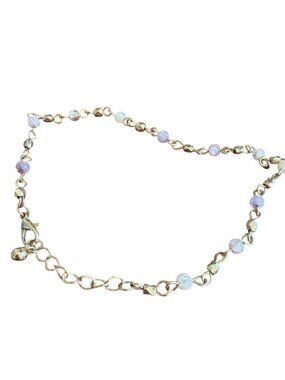 Silver Tone Bracelet Anklet Purple White Opaque Beads Dainty 8" - 10"